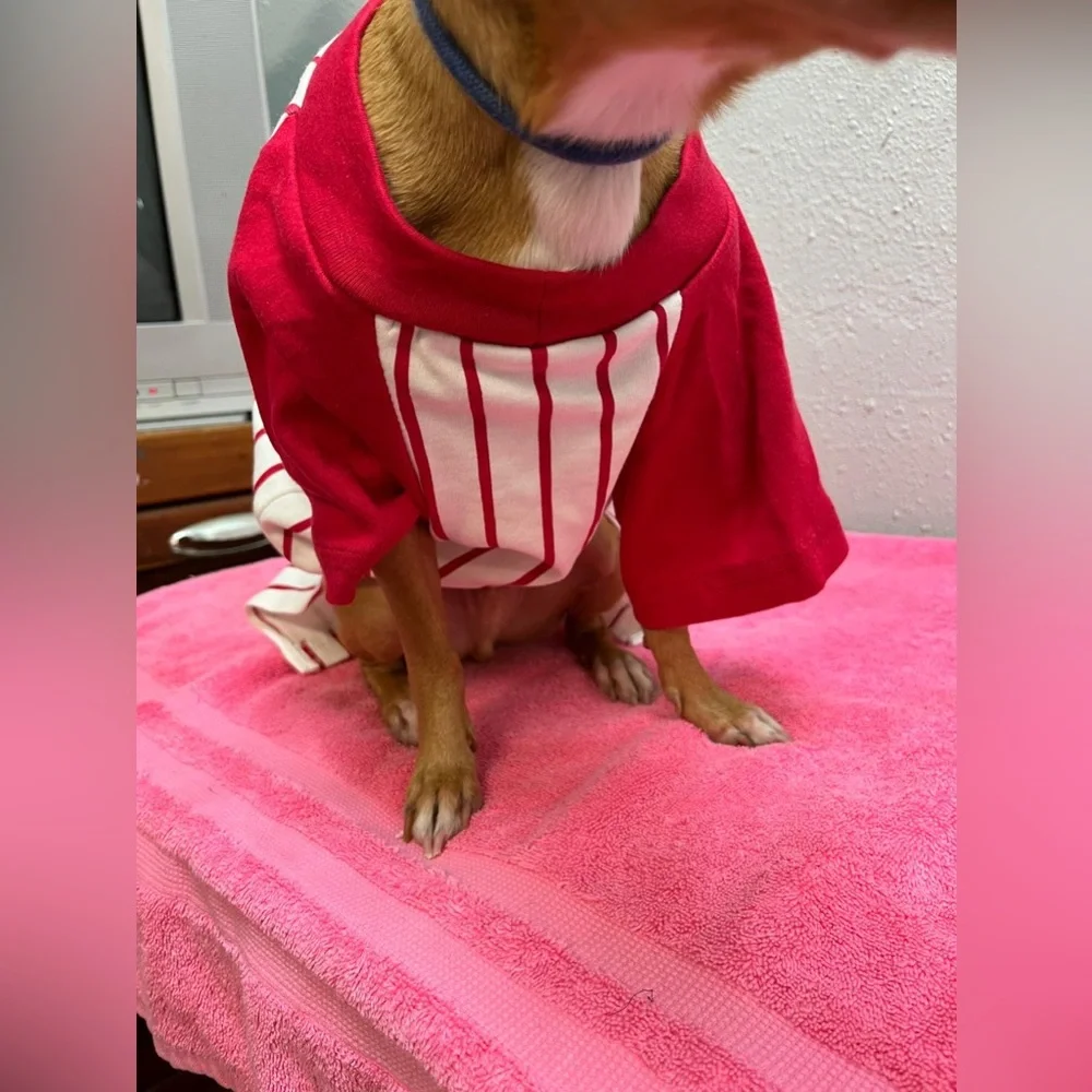 Red and White Baseball Striped Dog Shirt